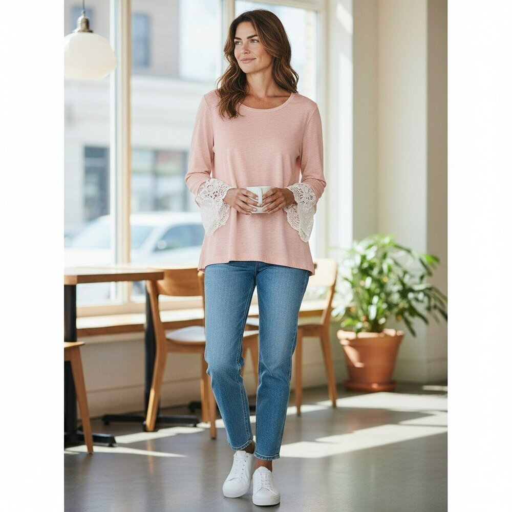 Fever XL Pink Eyelet Sleeve Long Sleeve Shirt Top